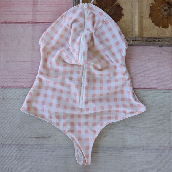 For Love and Lemons Pink Bonnie Zip‎ One Piece Gingham Swimsuit Halter Small - Picture 9 of 11